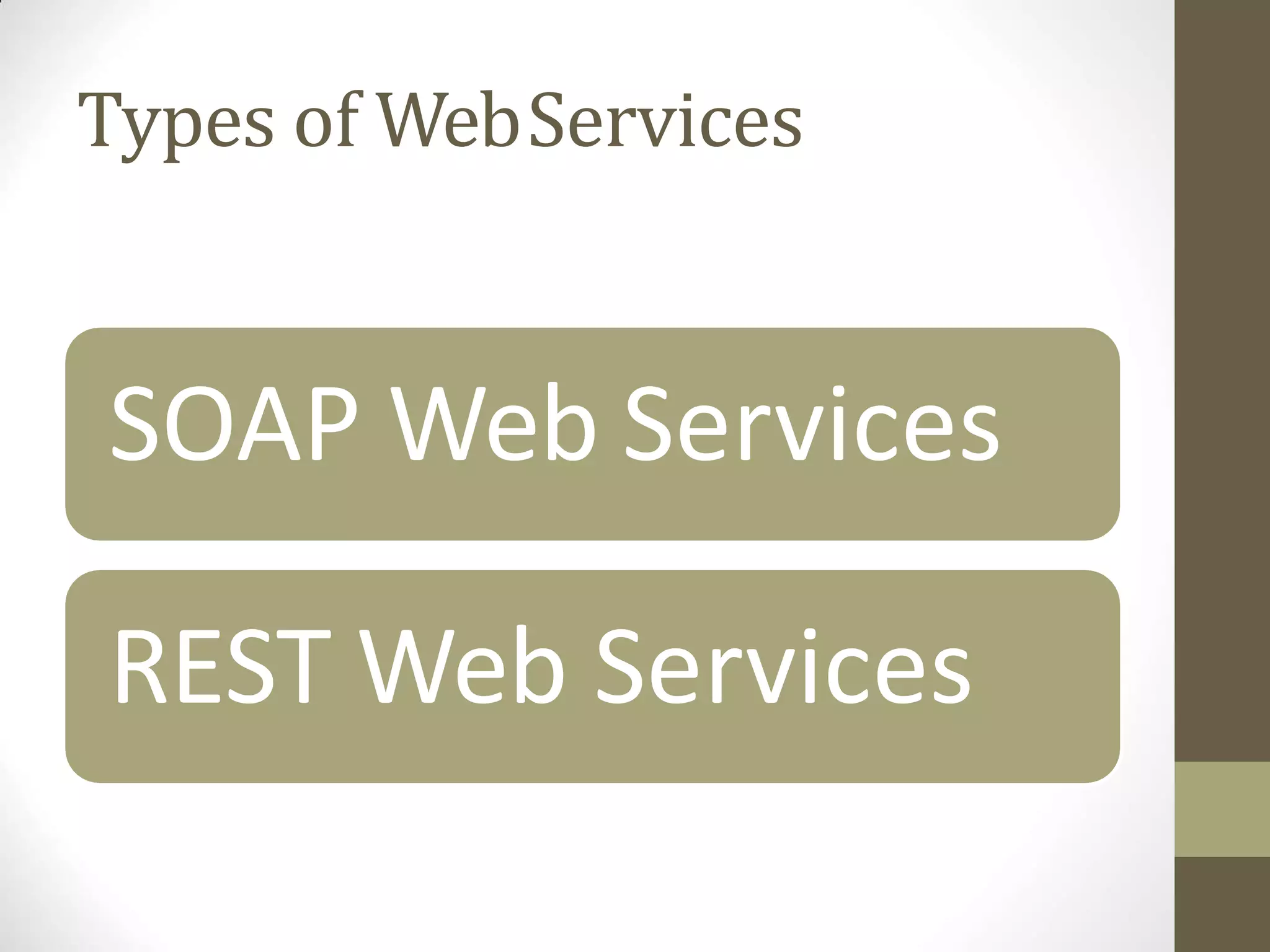 Types of WebServices
SOAP Web Services
REST Web Services
 