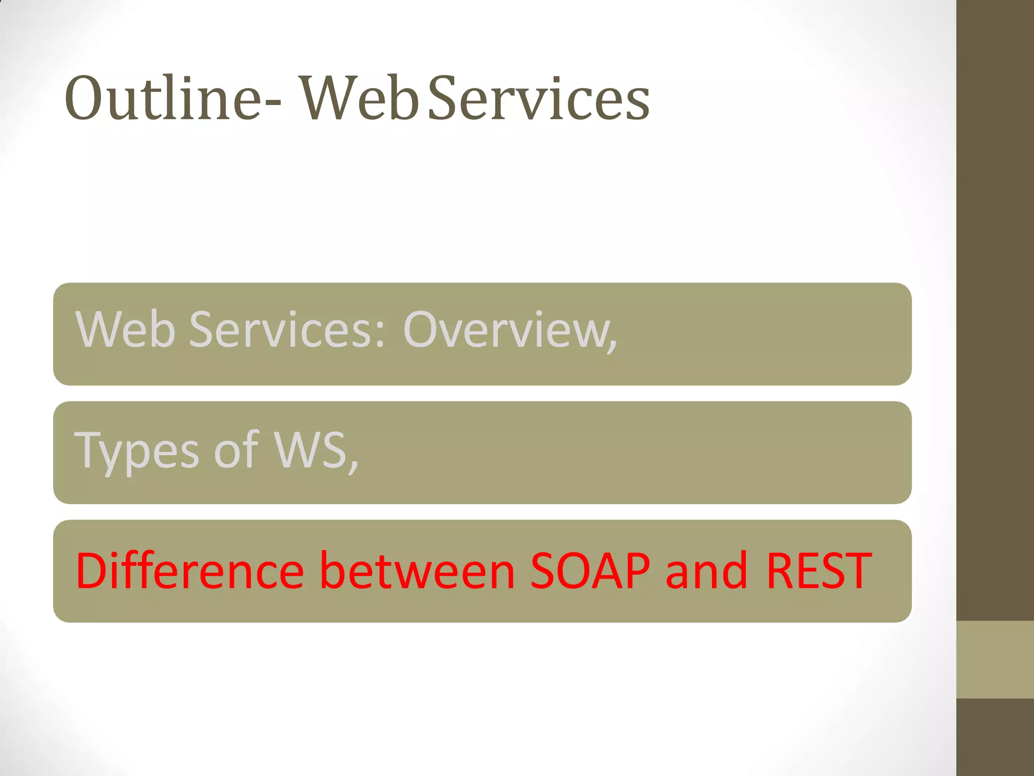 Outline- WebServices
Web Services: Overview,
Types of WS,
Difference between SOAP and REST
 