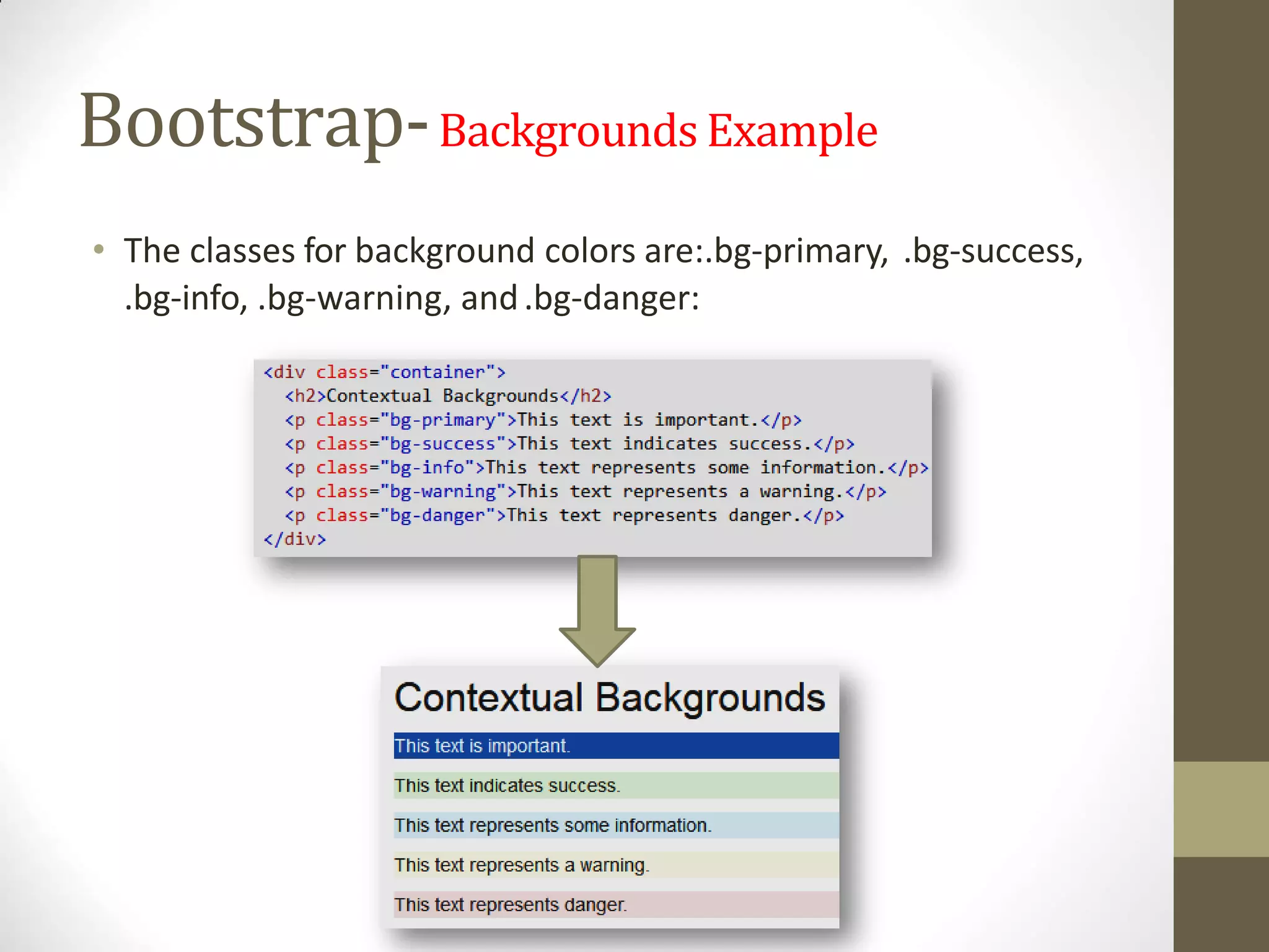 Bootstrap-Backgrounds Example
• The classes for background colors are:.bg-primary, .bg-success,
.bg-info, .bg-warning, and.bg-danger:
 