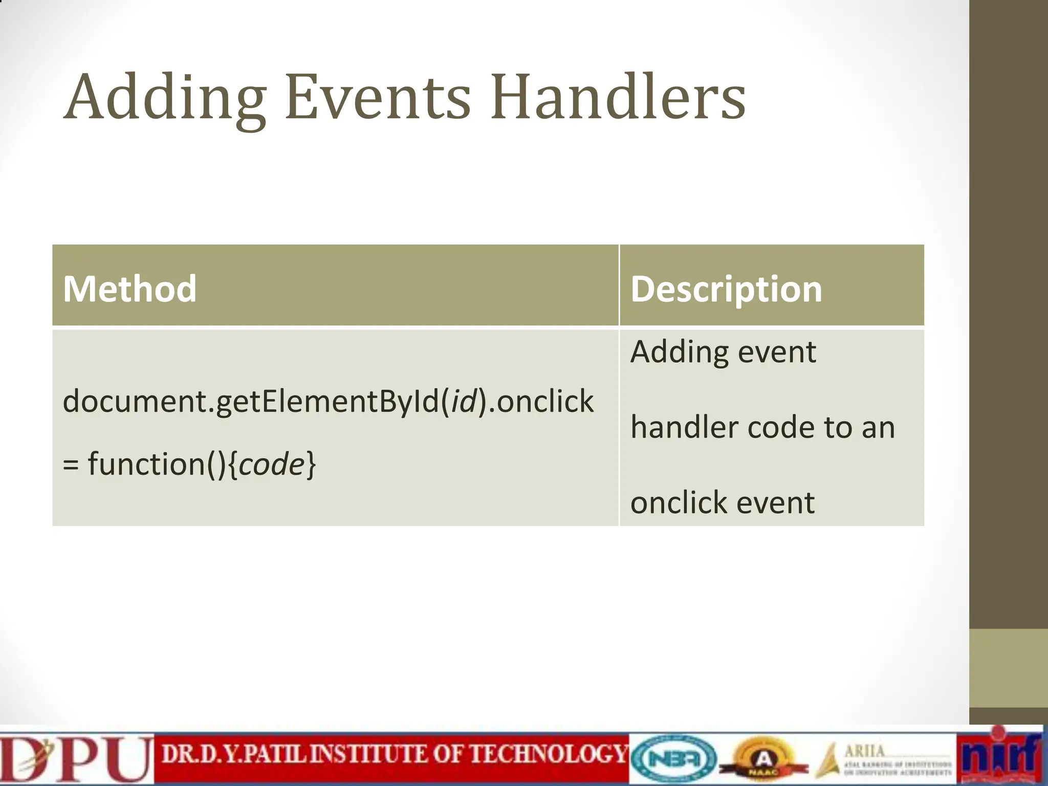 Adding Events Handlers Method Description document.getElementById(id).onclick = function(){code} Adding event handler code to an onclick event 