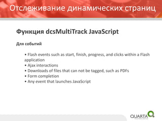 Отслеживание динамических страниц 
Функция dcsMultiTrackJavaScript 
Для событий 
• Flash events such as start, finish, progress, and clicks within a Flash application 
• Ajax interactions 
• Downloads of files that can not be tagged, such as PDFs 
• Form completion 
• Any event that launches JavaScript  