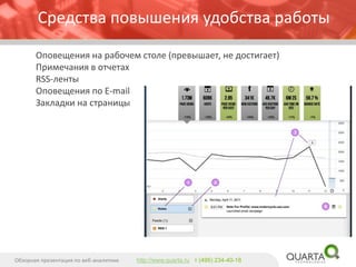 Средства повышения удобства работы 
Оповещения на рабочем столе (превышает, не достигает) 
Примечания в отчетах 
RSS-ленты 
Оповещения по E-mail 
Закладки на страницы 
Обзорная презентация по веб-аналитике 
http://www.quarta.ruт (495) 234-40-18  