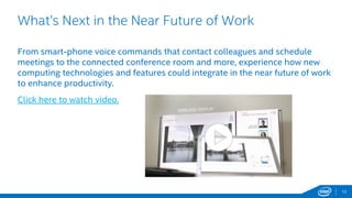 12
What’s Next in the Near Future of Work
From smart-phone voice commands that contact colleagues and schedule
meetings to the connected conference room and more, experience how new
computing technologies and features could integrate in the near future of work
to enhance productivity.
Click here to watch video.
 