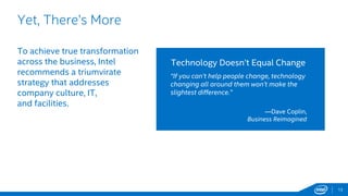 13
Yet, There’s More
To achieve true transformation
across the business, Intel
recommends a triumvirate
strategy that addresses
company culture, IT,
and facilities.
Technology Doesn’t Equal Change
“If you can’t help people change, technology
changing all around them won’t make the
slightest difference.”
—Dave Coplin,
Business Reimagined
 