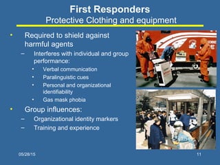 05/28/15 11
First Responders
Protective Clothing and equipment
• Required to shield against
harmful agents
– Interferes wi...