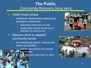 05/28/15 20
The Public
Community Recovery (long term)
1. Initial impact phase
• traditional relationships replaced by
emer...
