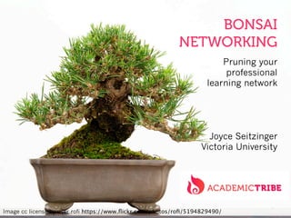 BONSAI
NETWORKING
Pruning your
professional
learning network
Joyce Seitzinger
Victoria University
Image cc license by user rofi https://www.ﬂickr.com/photos/roﬁ/5194829490/
 