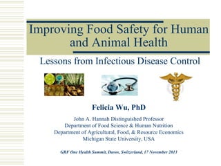 Improving Food Safety for Human
and Animal Health
Lessons from Infectious Disease Control

Felicia Wu, PhD
John A. Hannah Distinguished Professor
Department of Food Science & Human Nutrition
Department of Agricultural, Food, & Resource Economics
Michigan State University, USA
GRF One Health Summit, Davos, Switzerland, 17 November 2013

 