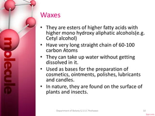 Waxes
• They are esters of higher fatty acids with
higher mono hydroxy aliphatic alcohols(e.g.
Cetyl alcohol)
• Have very long straight chain of 60-100
carbon Atoms
• They can take up water without getting
dissolved in it.
• Used as bases for the preparation of
cosmetics, ointments, polishes, lubricants
and candles.
• In nature, they are found on the surface of
plants and insects.
10Department of Botany G.S.S.C Peshawar.
 
