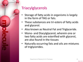 Triacylglycerols
• Storage of fatty acids in organisms is largely
in the form of TAG or fats.
• These substances are tri-esters of fatty acids
and glycerol.
• Also known as Neutral Fat and Triglyceride.
• Mono- and Diacylglycerol, wherein one or
two fatty acids are esterified with glycerol,
are also found in the tissues
• Naturally occurring fats and oils are mixtures
of triglycerides.
21Department of Botany G.S.S.C Peshawar.
 