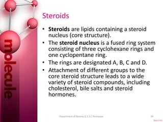 Steroids
• Steroids are lipids containing a steroid
nucleus (core structure).
• The steroid nucleus is a fused ring system
consisting of three cyclohexane rings and
one cyclopentane ring.
• The rings are designated A, B, C and D.
• Attachment of different groups to the
core steroid structure leads to a wide
variety of steroid compounds, including
cholesterol, bile salts and steroid
hormones.
39Department of Botany G.S.S.C Peshawar.
 
