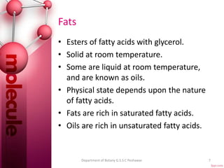 Fats
• Esters of fatty acids with glycerol.
• Solid at room temperature.
• Some are liquid at room temperature,
and are known as oils.
• Physical state depends upon the nature
of fatty acids.
• Fats are rich in saturated fatty acids.
• Oils are rich in unsaturated fatty acids.
7Department of Botany G.S.S.C Peshawar.
 