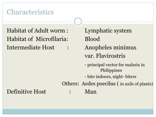 Characteristics
Habitat of Adult worm : Lymphatic system
Habitat of Microfilaria: Blood
Intermediate Host : Anopheles minimus
var. Flavirostris
- principal vector for malaria in
Philippines
- bite indoors, night- biters
Others: Aedes poecilus ( in axils of plants)
Definitive Host : Man
 