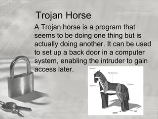 Trojan Horse
A Trojan horse is a program that
seems to be doing one thing but is
actually doing another. It can be used
to set up a back door in a computer
system, enabling the intruder to gain
access later.
 