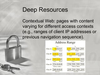 Deep Resources
Contextual Web: pages with content
varying for different access contexts
(e.g., ranges of client IP addresses or
previous navigation sequence).
 