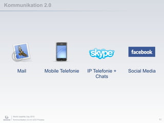 World Usability Day 2010
Kommunikation 2.0 im UCD Prozess 11
Mobile TelefonieMail IP Telefonie +
Chats
Social Media
Kommunikation 2.0
 