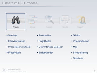 World Usability Day 2010
Kommunikation 2.0 im UCD Prozess
• Entscheider
• Projektleiter
• User Interface Designer
• Endanwender
Einsatz im UCD Process
24
• Telefon
• Videokonferenz
• Mail
• Screensharing
• Tasklisten
• Verträge
• Interviewtermine
• Präsentationsmaterial
• Fragebögen
 