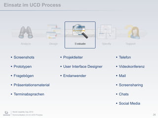 World Usability Day 2010
Kommunikation 2.0 im UCD Prozess
Einsatz im UCD Process
26
• Projektleiter
• User Interface Designer
• Endanwender
• Telefon
• Videokonferenz
• Mail
• Screensharing
• Chats
• Social Media
• Screenshots
• Prototypen
• Fragebögen
• Präsentationsmaterial
• Terminabsprachen
 