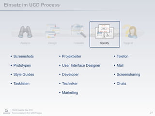 World Usability Day 2010
Kommunikation 2.0 im UCD Prozess
Einsatz im UCD Process
27
• Projektleiter
• User Interface Designer
• Developer
• Techniker
• Marketing
• Telefon
• Mail
• Screensharing
• Chats
• Screenshots
• Prototypen
• Style Guides
• Tasklisten
 
