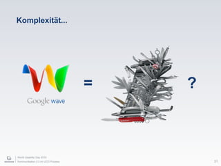 World Usability Day 2010
Kommunikation 2.0 im UCD Prozess
Komplexität...
31
= ?
 