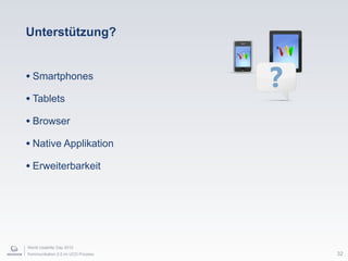 World Usability Day 2010
Kommunikation 2.0 im UCD Prozess
Unterstützung?
32
• Smartphones
• Tablets
• Browser
• Native Applikation
• Erweiterbarkeit
 