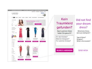 Did not find 
your dream 
dress? 
What kind of dress 
were you looking for? 
Type of dress? 
Designer? 
What is the occasion? 
SEND WISH 
 