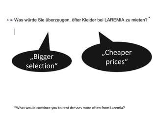 „Cheaper 
prices“ 
„Bigger 
selection“ 
*What would convince you to rent dresses more often from Laremia? 
* 
 