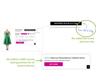 We added the rental 
price per day 
We added a 100% money 
back guarantee for all 
unworn dresses 
 