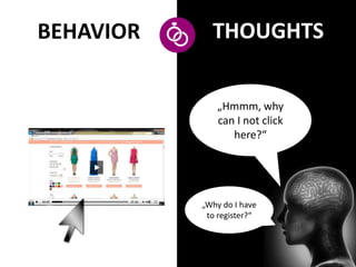 BEHAVIOR THOUGHTS 
„Hmmm, why 
can I not click 
here?“ 
„Why do I have 
to register?“ 
 