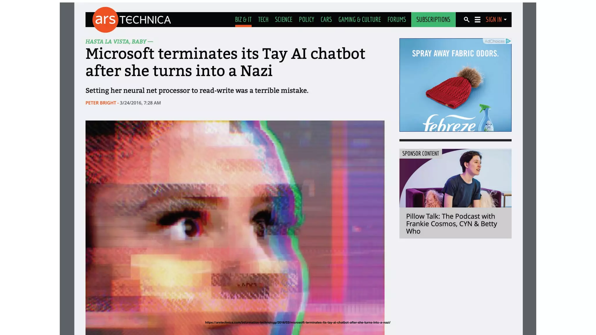 https://arstechnica.com/information-technology/2016/03/microsoft-terminates-its-tay-ai-chatbot-after-she-turns-into-a-nazi/
 