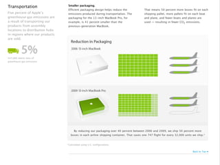 Transportation                    Smaller packaging.
                                  Efficient packaging design helps reduce the             That means 50 percent more boxes fit on each
Five percent of Apple’s           emissions produced during transportation. The           shipping pallet, more pallets fit on each boat
greenhouse gas emissions are      packaging for the 13-inch MacBook Pro, for              and plane, and fewer boats and planes are
a result of transporting our      example, is 41 percent smaller than the                 used — resulting in fewer CO 2 emissions.
products from assembly            previous-generation MacBook.
locations to distribution hubs
in regions where our products
are sold.




547,000 metric tons of
greenhouse gas emissions




                                      By reducing our packaging over 40 percent between 2006 and 2009, we ship 50 percent more
                                    boxes in each airline shipping container. That saves one 747 flight for every 32,000 units we ship.*


                                 *Calculated using U.S. configurations.


                                                                                                                              Back to Top
 