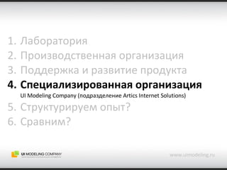 Лаборатория Производственная организация Поддержка и развитие продукта Специализированная организация UI Modeling Company ( подразделение  Artics Internet Solutions) Структурируем опыт? Сравним? www.uimodeling.ru 