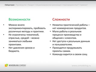 www.uimodeling.ru Лаборатория   |  Производство  |  Продукт  |  Специализированная организация  |  Структурируем опыт?  |  Сравним? Возможности Можно много экспериментировать, пробовать различные методы и практики. Не ограничены тематикой, отраслью, средой – можно заниматься любыми проектами. Нет давления сроков и бюджета. Сложности Нехватка практической работы – нет коммерческих продуктов. Мало работы в реальном процессе производства и общения с клиентом. Нет доступа к реальным данным и пользователям. Приходится придумывать проекты самим. Команда варится в своем соку. 