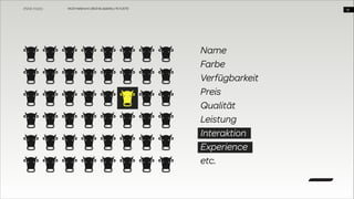 WUD Heilbronn | BIxD & Usability | 14.11.2013

!18

Name
Farbe
Verfügbarkeit
Preis
Qualität
Leistung
Interaktion
Experience
etc.

 