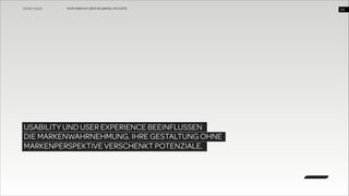 WUD Heilbronn | BIxD & Usability | 14.11.2013

USABILITY UND USER EXPERIENCE BEEINFLUSSEN 
DIE MARKENWAHRNEHMUNG. IHRE GESTALTUNG OHNE
MARKENPERSPEKTIVE VERSCHENKT POTENZIALE.

!34

 