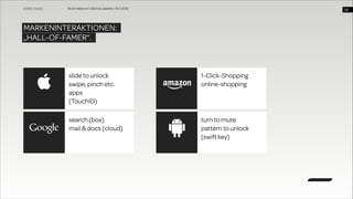 WUD Heilbronn | BIxD & Usability | 14.11.2013

!38

MARKENINTERAKTIONEN:
„HALL-OF-FAMER“.

slide to unlock
swipe, pinch etc.
apps
(TouchID)

1-Click-Shopping
online-shopping

search (box)
mail & docs (cloud)

turn to mute
pattern to unlock
(swift key)

 