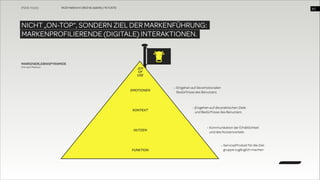 WUD Heilbronn | BIxD & Usability | 14.11.2013

!40

NICHT „ON-TOP“, SONDERN ZIEL DER MARKENFÜHRUNG:
MARKENPROFILIERENDE (DIGITALE) INTERAKTIONEN.

MARKENERLEBNISPYRAMIDE 
(frei nach Maslow)

JOY  
OF 
USE

EMOTIONEN

KONTEXT

NUTZEN

- Eingehen auf die emotionalen 
Bedürfnisse des Benutzers

- Eingehen auf die praktischen Ziele 
und Bedürfnisse des Benutzers

- Kommunikation der Erhältlichkeit  
und des Nutzenvorteils

- Service/Produkt für die Ziel- 
FUNKTION

gruppe zugänglich machen

 