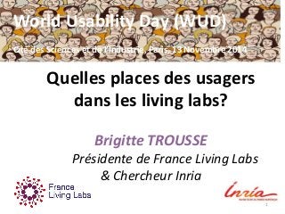 Quelles places des usagers
dans les living labs?
Brigitte TROUSSE
Présidente de France Living Labs
& Chercheur Inria
1
World Usability Day (WUD)
Cité des Sciences et de l’Industrie, Paris, 13 Novembre 2014
 