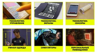 ТЕХНОЛОГИИ:
ЭКРАНЫ
ТЕХНОЛОГИИ:
УПРАВЛЕНИЕ
ТЕХНОЛОГИИ:
СЕНСОРЫ
ПЕРСОНАЛЬНЫЕ
ПОМОЩНИКИ
СИМУЛЯТОРЫУМНАЯ ОДЕЖДА
 