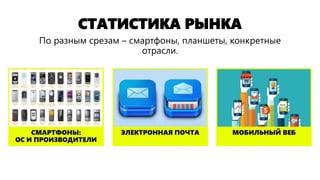 СТАТИСТИКА РЫНКА
МОБИЛЬНЫЙ ВЕБЭЛЕКТРОННАЯ ПОЧТАСМАРТФОНЫ:
ОС И ПРОИЗВОДИТЕЛИ
По разным срезам – смартфоны, планшеты, конкретные
отрасли.
 