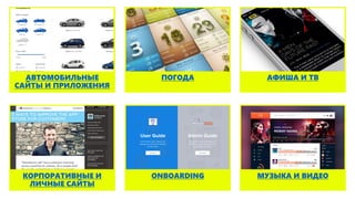 ПОГОДААВТОМОБИЛЬНЫЕ
САЙТЫ И ПРИЛОЖЕНИЯ
АФИША И ТВ
МУЗЫКА И ВИДЕОONBOARDINGКОРПОРАТИВНЫЕ И
ЛИЧНЫЕ САЙТЫ
 
