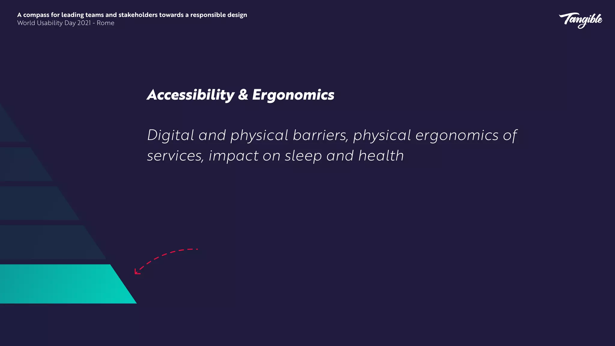 A compass for leading teams and stakeholders towards a responsible design


World Usability Day 2021 - Rome
Accessibility & Ergonomics
Digital and physical barriers, physical ergonomics of
services, impact on sleep and health
 