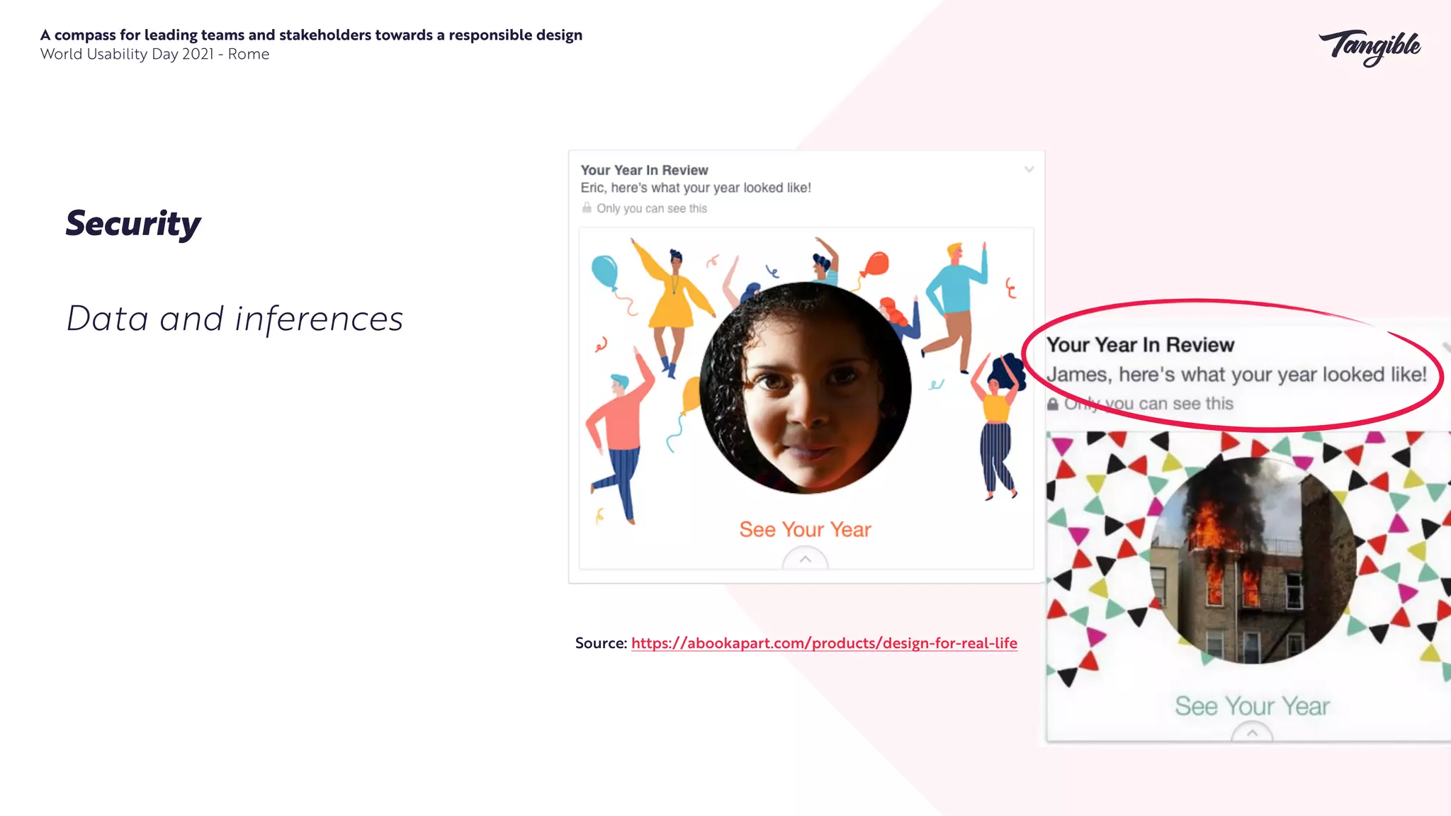 A compass for leading teams and stakeholders towards a responsible design


World Usability Day 2021 - Rome
Security
Data and inferences
Source: https://abookapart.com/products/design-for-real-life
 