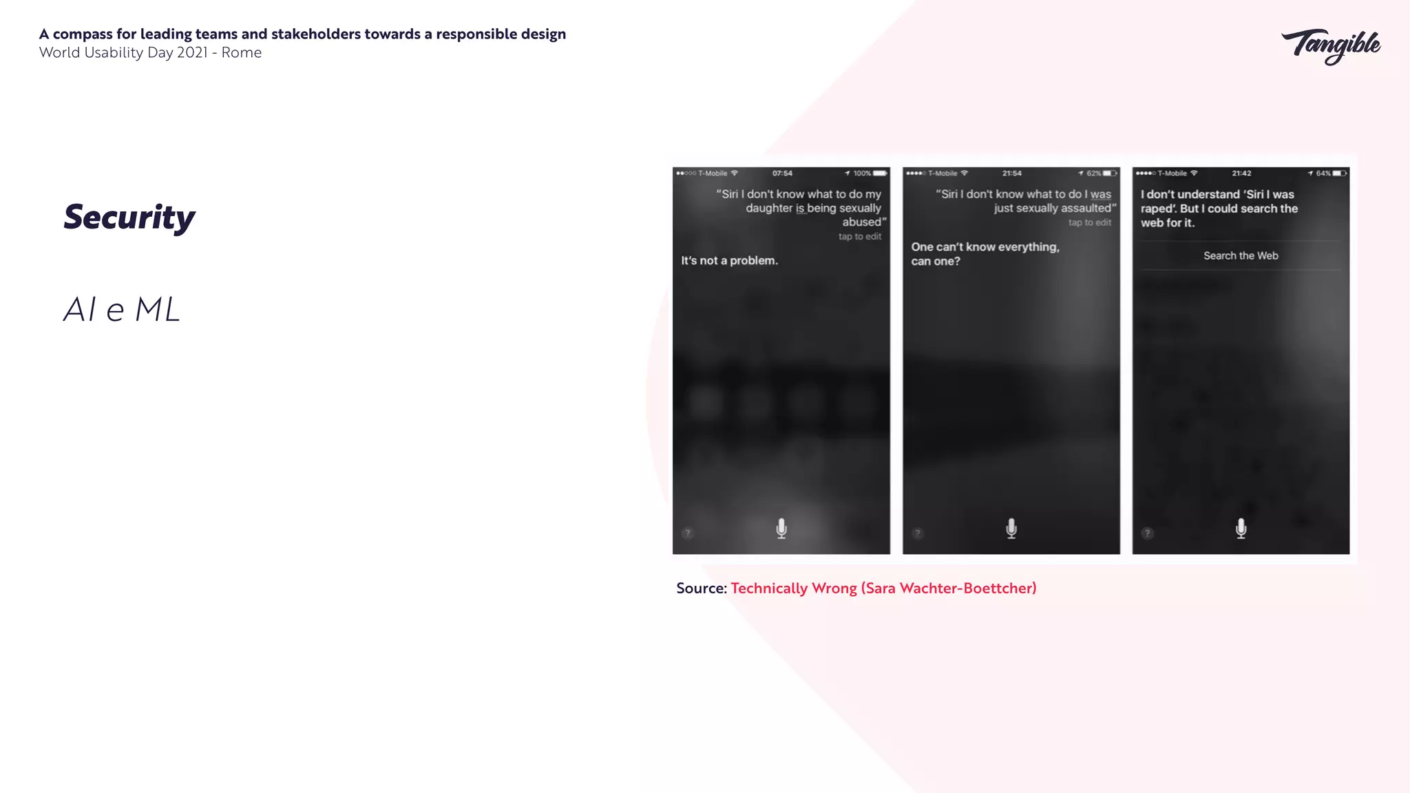 A compass for leading teams and stakeholders towards a responsible design


World Usability Day 2021 - Rome
Security
AI e ML
Source: Technically Wrong (Sara Wachter-Boettcher)
 