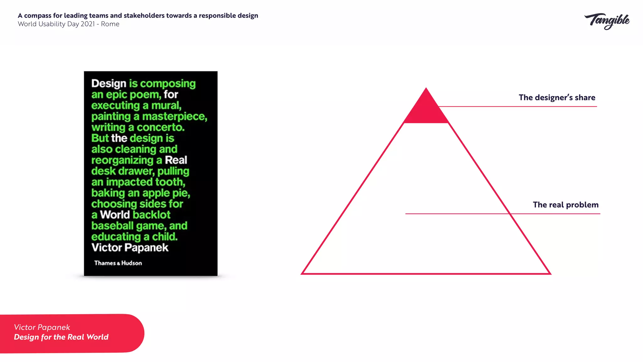 The designer’s share
The real problem
Victor Papanek


Design for the Real World
A compass for leading teams and stakeholders towards a responsible design


World Usability Day 2021 - Rome
 