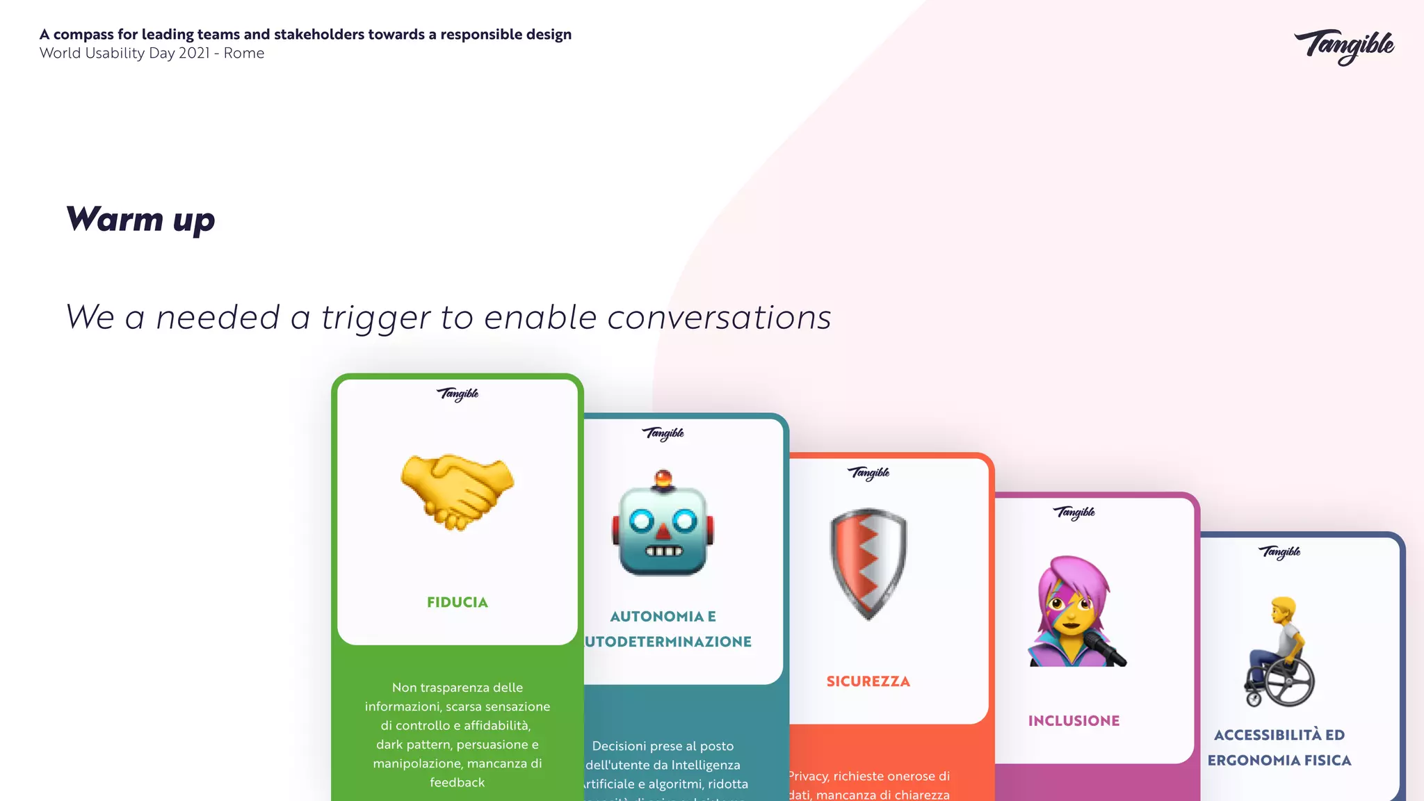 A compass for leading teams and stakeholders towards a responsible design


World Usability Day 2021 - Rome
Warm up
We a needed a trigger to enable conversations
 