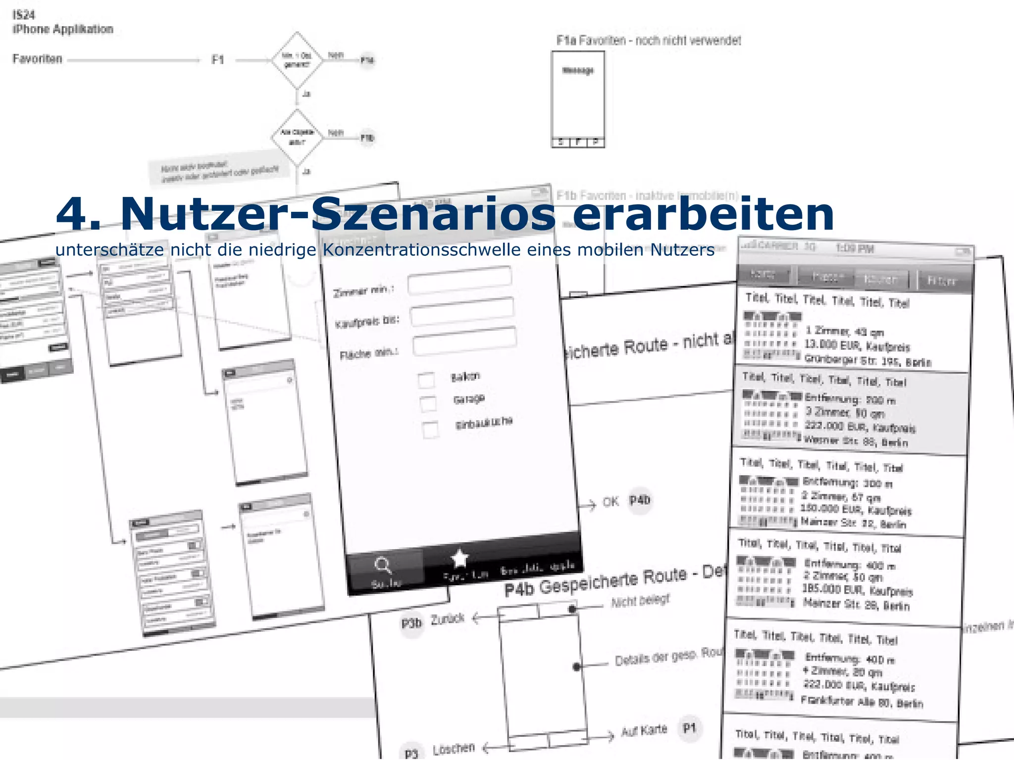 4. Nutzer-Szenarios erarbeiten
unterschätze nicht die niedrige Konzentrationsschwelle eines mobilen Nutzers
 