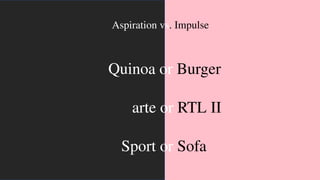 Aspiration vs. Impulse
Quinoa or Burger
arte or RTL II
Sport or Sofa
 