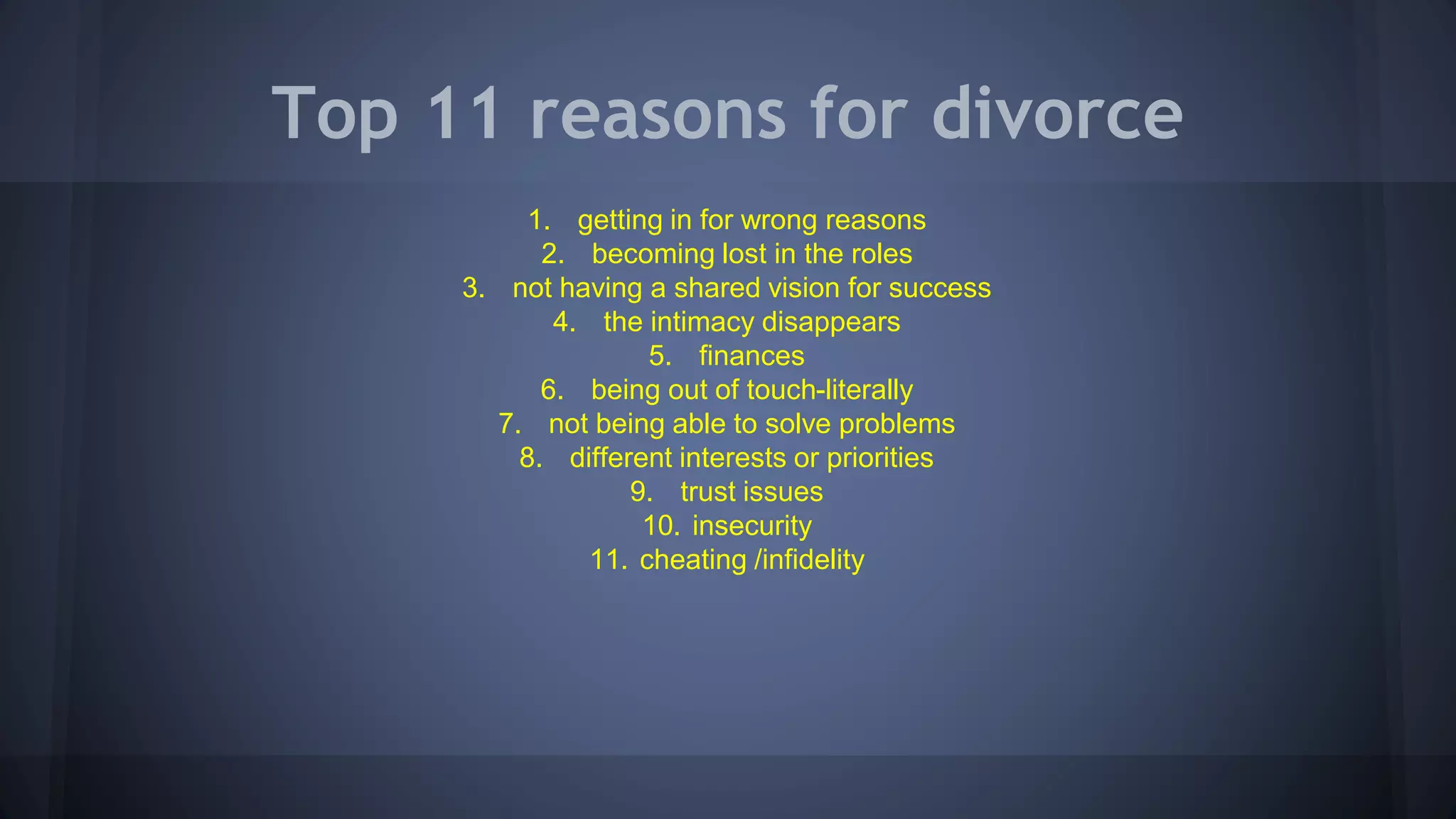 Top 11 reasons for divorce
1. getting in for wrong reasons
2. becoming lost in the roles
3. not having a shared vision for success
4. the intimacy disappears
5. finances
6. being out of touch-literally
7. not being able to solve problems
8. different interests or priorities
9. trust issues
10. insecurity
11. cheating /infidelity