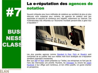 La e-­réputation des agences de


#7
        notation
        Souvent  critiquées  pour  leurs  méthodes  de  notations  qui  semblent  de  plus  en  plus  
        obscures   voire   suspectes   pour   certains,   les   agences   de   notation   sont   peu  
        appréciées   et   essuient   de   nombreux   avis   négatifs,   notamment   sur   Internet.   Ces  
        multinationales  très  influentes  sur                       mondiale  pensent-­elles  à  gérer  leur  
        e-­reputation  ?    
          
          


 BUSI
          
          
          


 NESS
          
          
          
          

CLASS     
          
          
          
          
        Les   plus   grandes   agences   comme   Standard   &   Poor,   Fitch   et                            sont  
        contraintes   de   se   justifier   face   aux   médias   mais   leurs   stratégies   de   e-­reputation  
        semblent  cependant  inexistantes.    
        Bien  que  S&P  et  Fitch  soient  présentes  sur  Twitter,  ces  entreprises  ne  font  pas  de  
                 des   internautes   une   priorité.   Pourtant,   les   messages   ou   encore   les   pages  
        Facebook   à   leur   effigie   sont   nombreux,   et   loin            positifs.   Un   grand   chantier  
        en  perspective.  
 